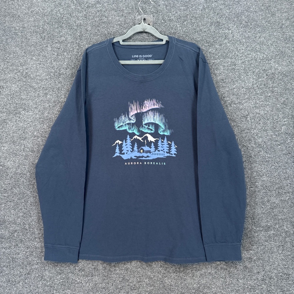 Life is Good Crusher Tee Womens 3XL Blue Aurora Borealis Cabin Graphic Tshirt